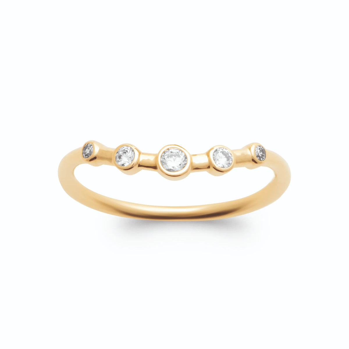 Bague fine cinq petits zircons espacés plaqué or, vue de face
