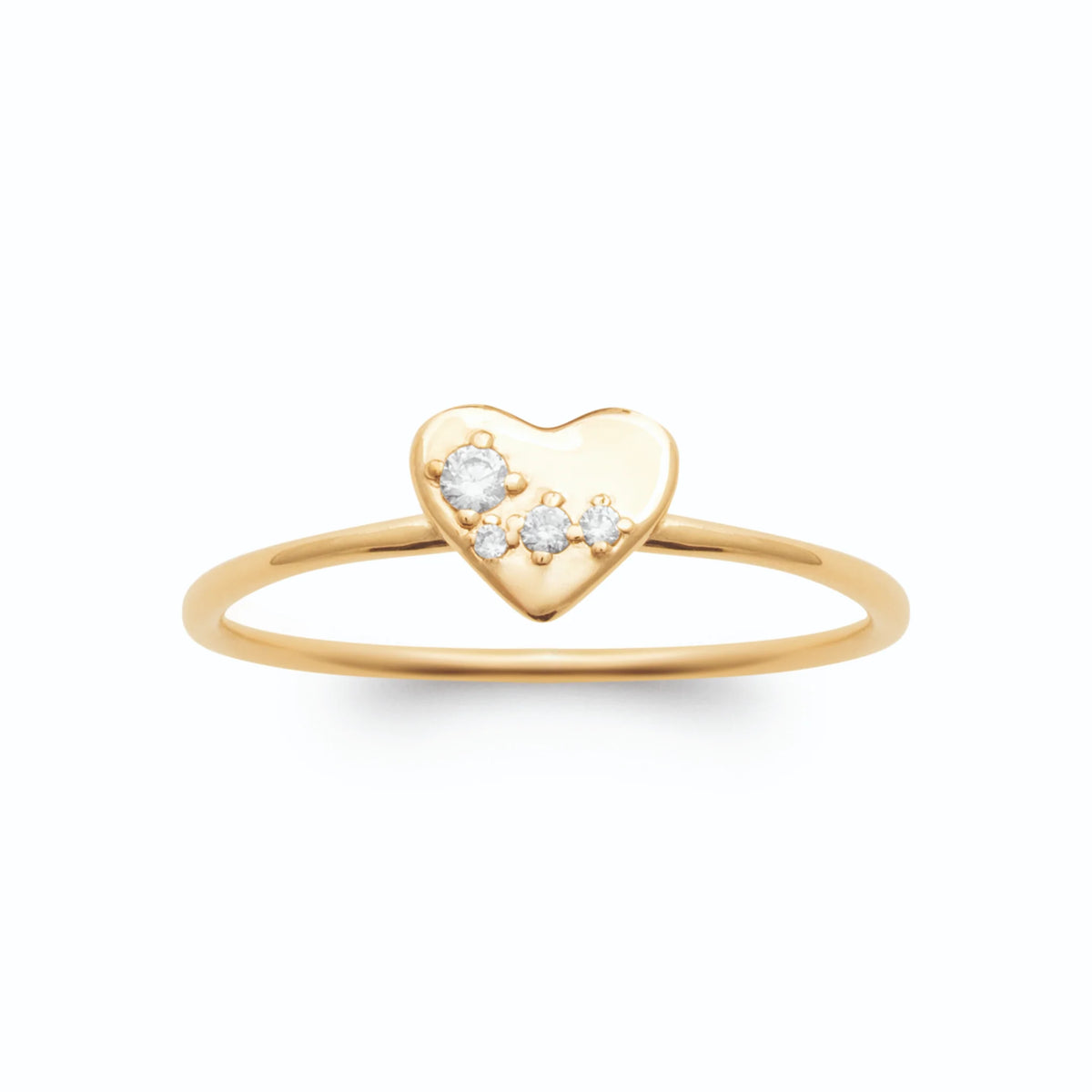 Bague fine cœur poli semé de petits zircons plaqué or, vue de face