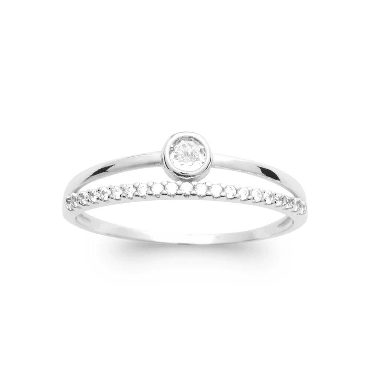 Bague fine croisée ligne pavée et petit zircon en argent 925, vue de face