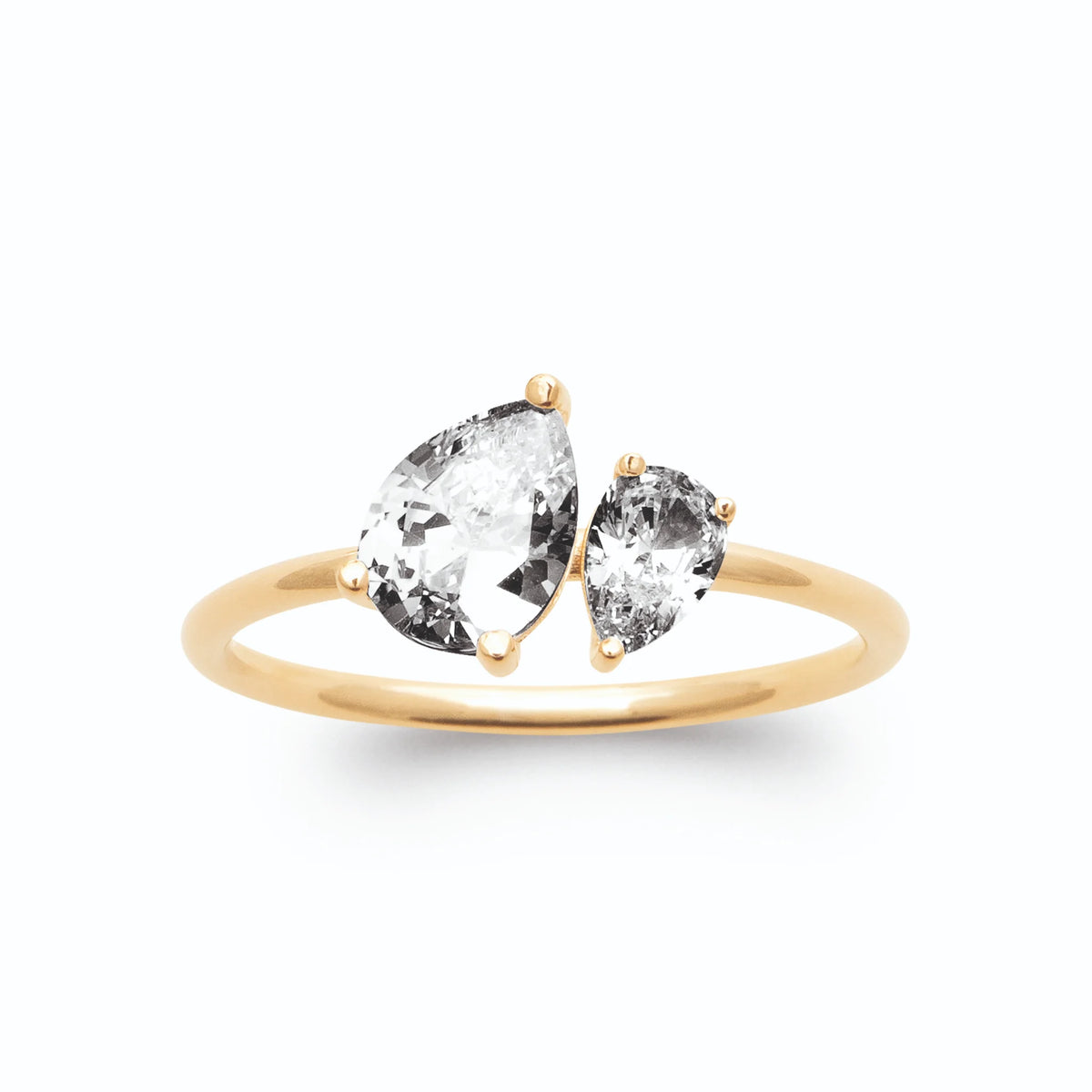 Bague fine duo de zircons poires en plaqué or