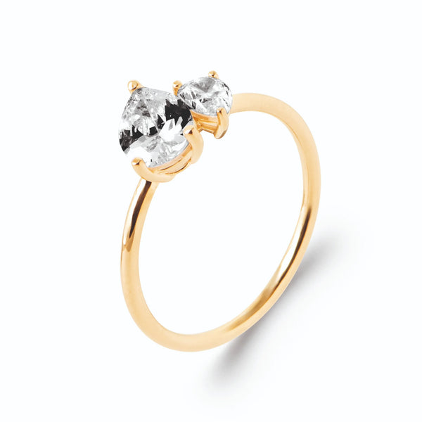 Bague fine duo de zircons poires en plaqué or