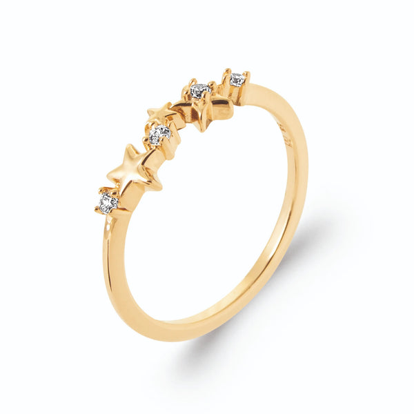Bague fine étoiles d’or et zircons en plaqué or, vue de trois quarts