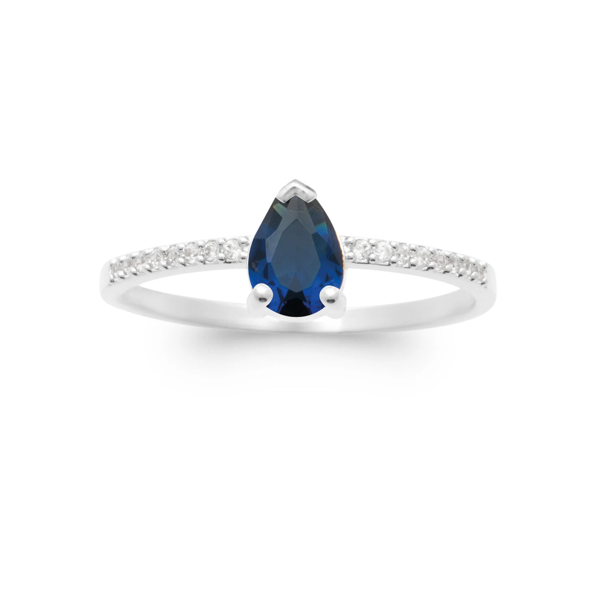 Bague fine goutte bleu nuit et anneau serti de zircons en argent 925, vue de dessus