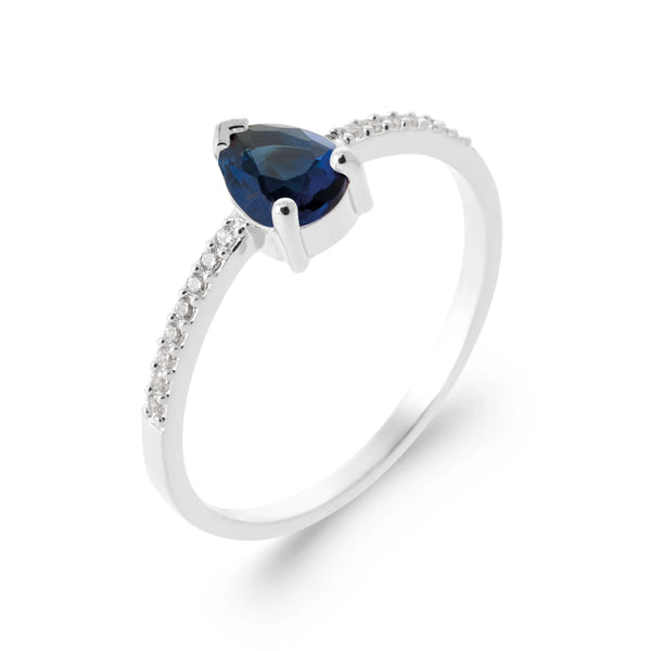 Bague fine goutte bleu nuit et anneau serti de zircons en argent 925, vue de face