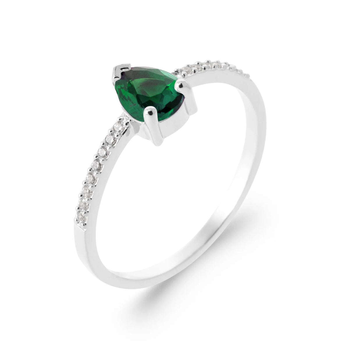 Bague fine goutte verte et anneau serti de zircons en argent 925, vue de face