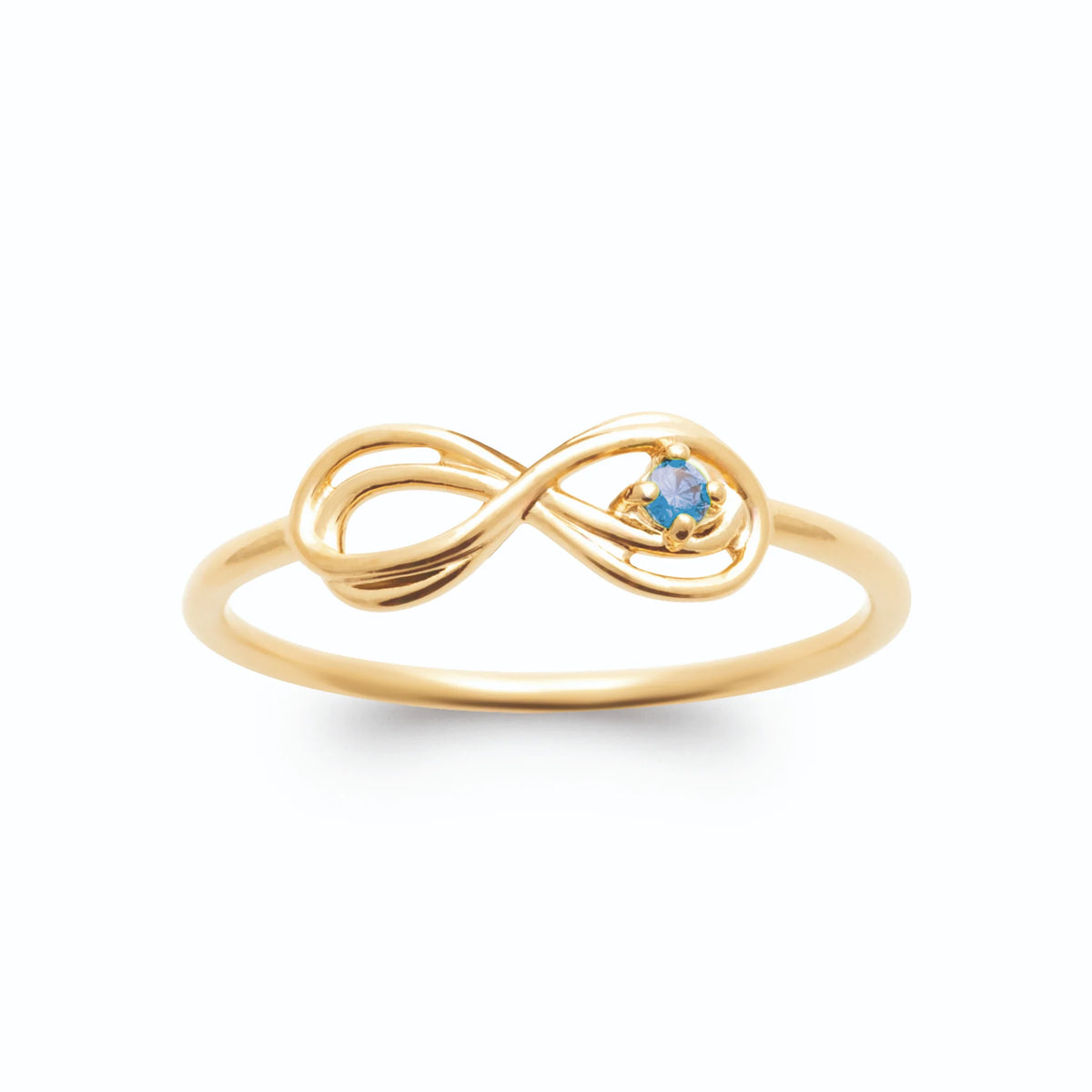 Bague fine infini et petite pierre bleu ciel plaqué or, vue de face