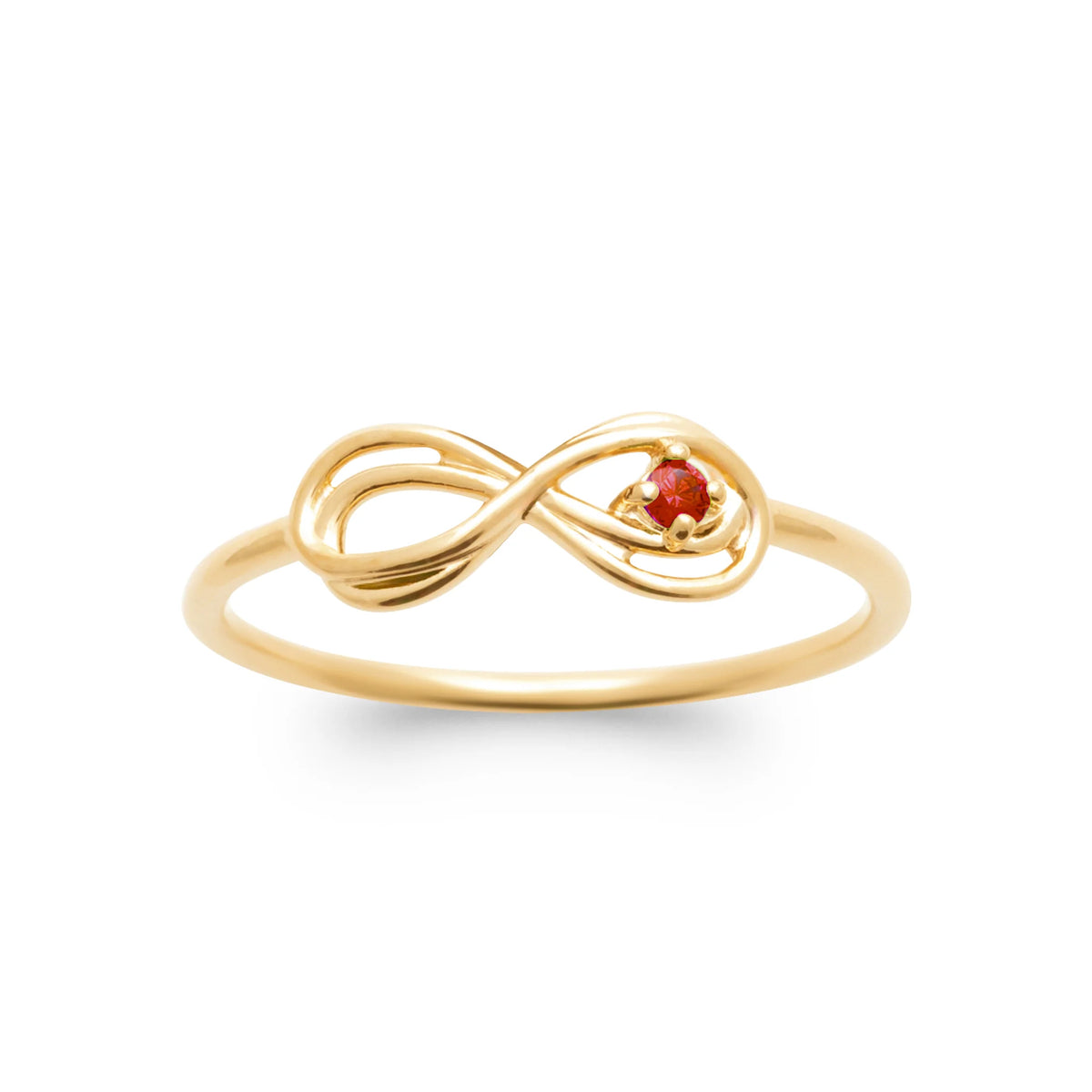 Bague fine infini et petite pierre rouge orangé plaqué or, vue de face