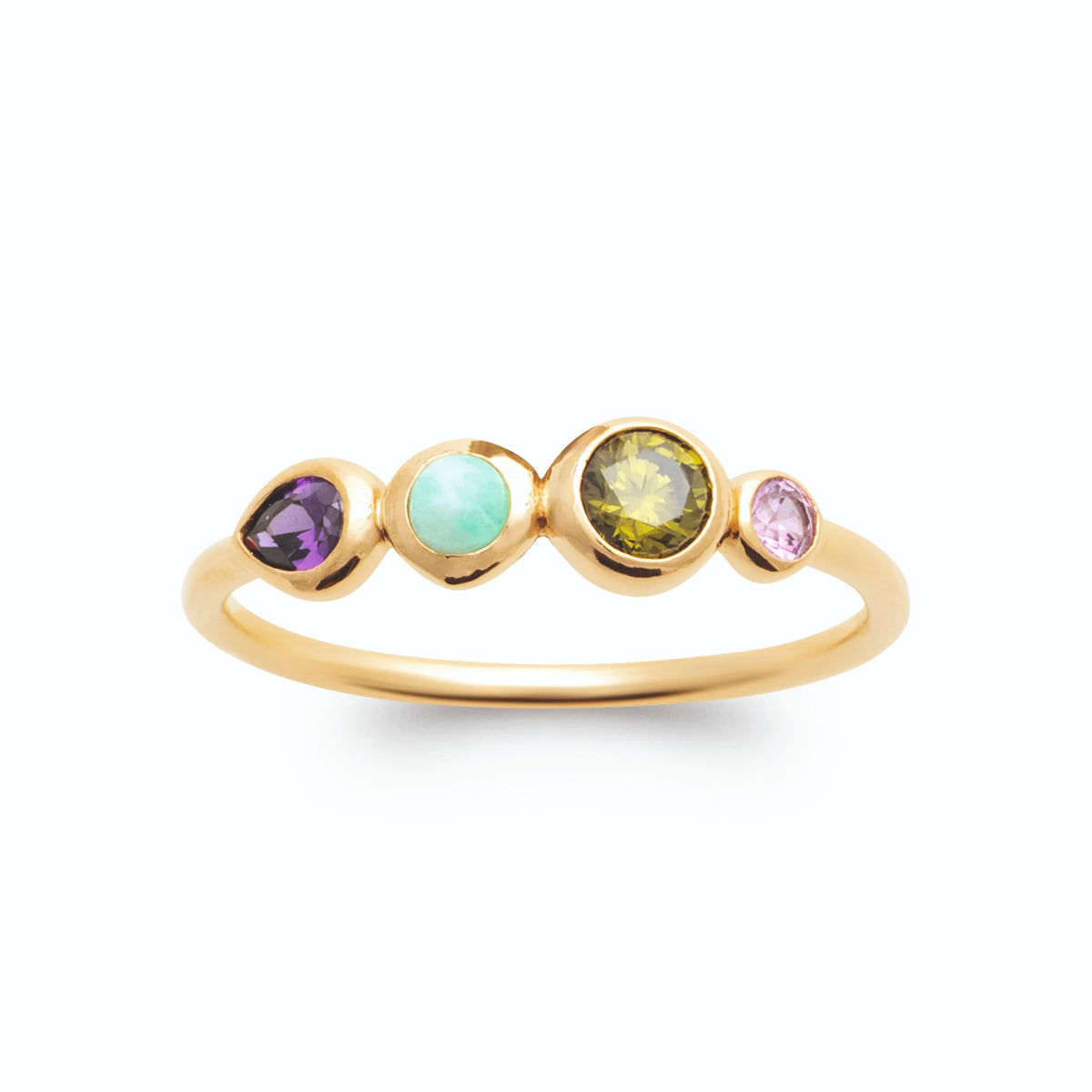 Bague fine ligne de quatre pierres violette, vert d’eau, vert olive et rose plaqué or, vue de face
