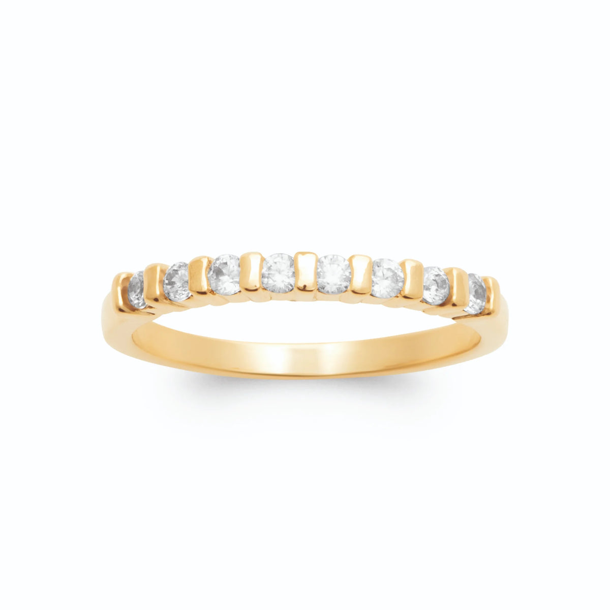 Bague fine ligne de zircons séparés par des barrettes d’or plaqué or, vue de face