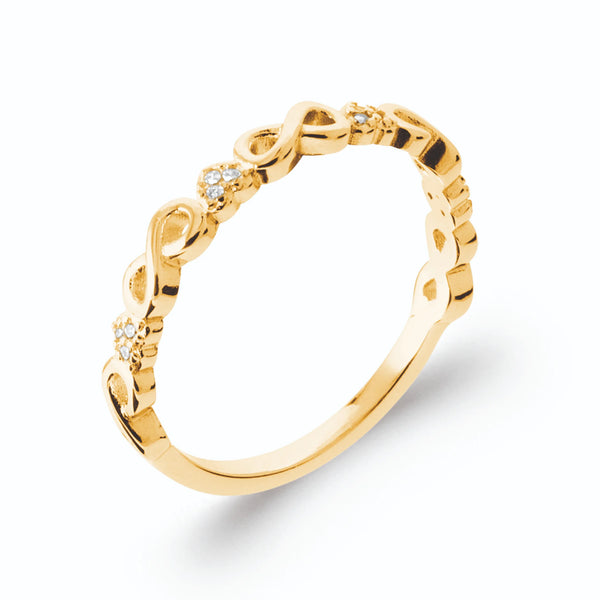 Bague fine maillons infini et petits zircons en plaqué or, vue de trois quarts