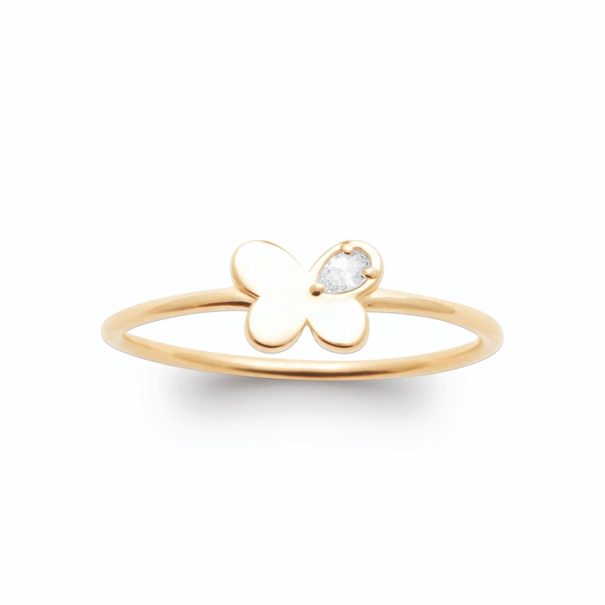 Bague fine papillon d’or poli et petit zircon plaqué or, vue de face