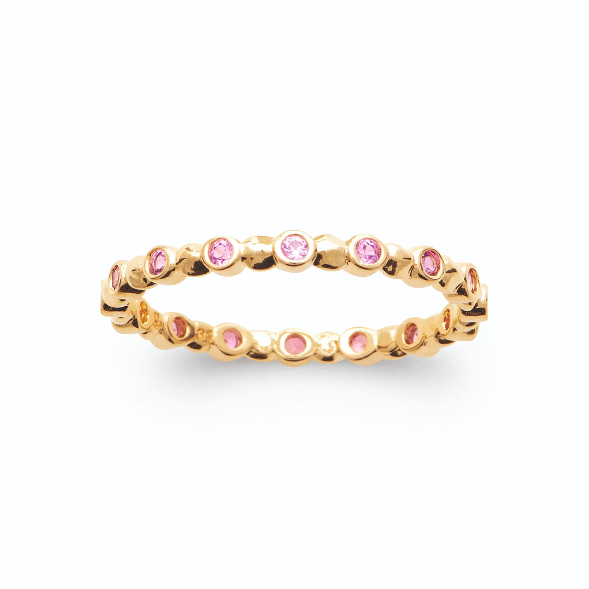 Bague fine pastilles serties de pierres roses en plaqué or