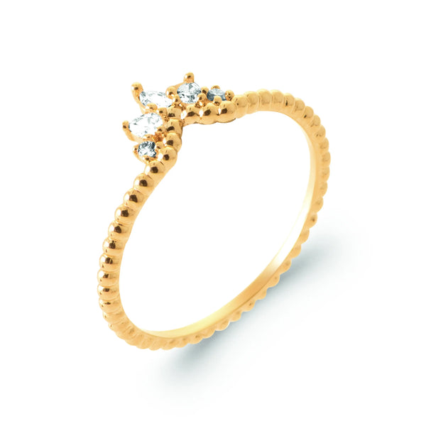 Bague fine perlée diadème zircon poire en plaqué or, vue de trois quarts