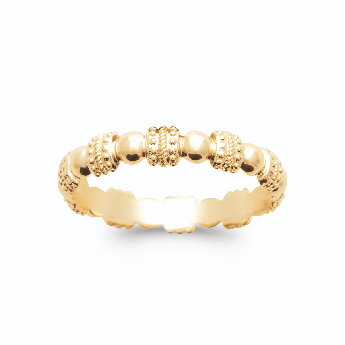 Bague fine perles d’or granulées et cylindres texturés en plaqué or