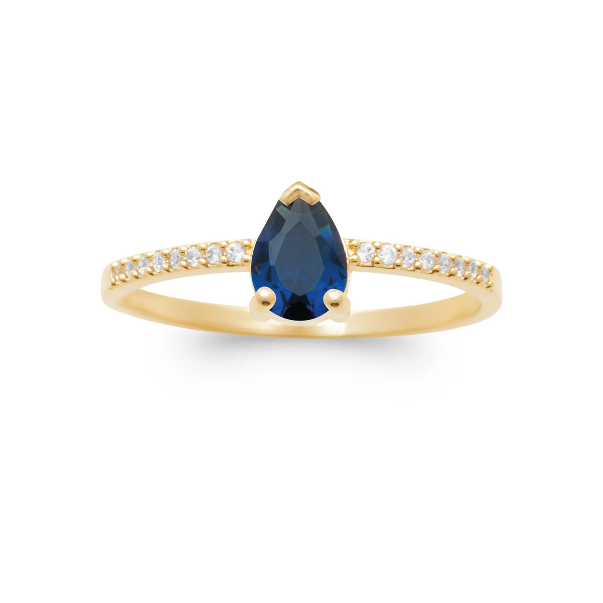 Bague fine pierre bleu nuit taille poire et liseré de zircons en plaqué or