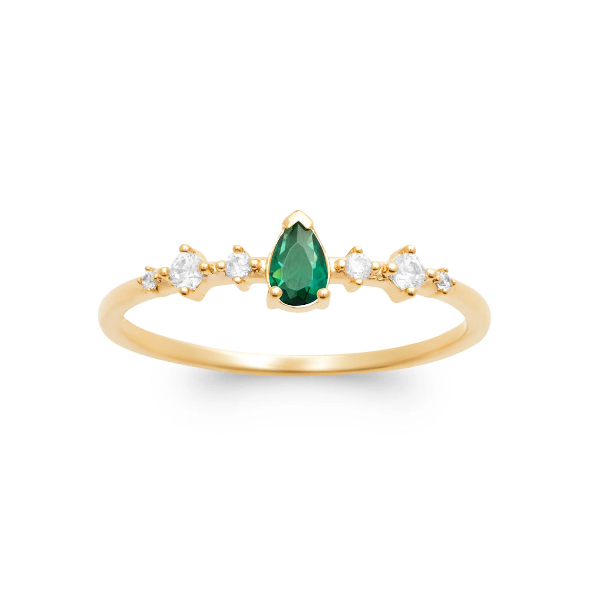 Bague fine pierre poire vert émeraude et petits zircons plaqué or, vue de face