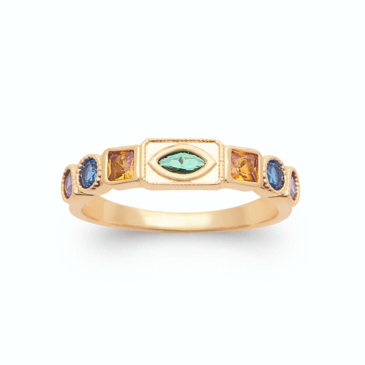 Bague fine rangée de pierres multicolores navette verte plaqué or, vue de face