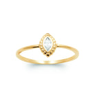 Bague fine solitaire zircon navette cadre perlé plaqué or, vue de face