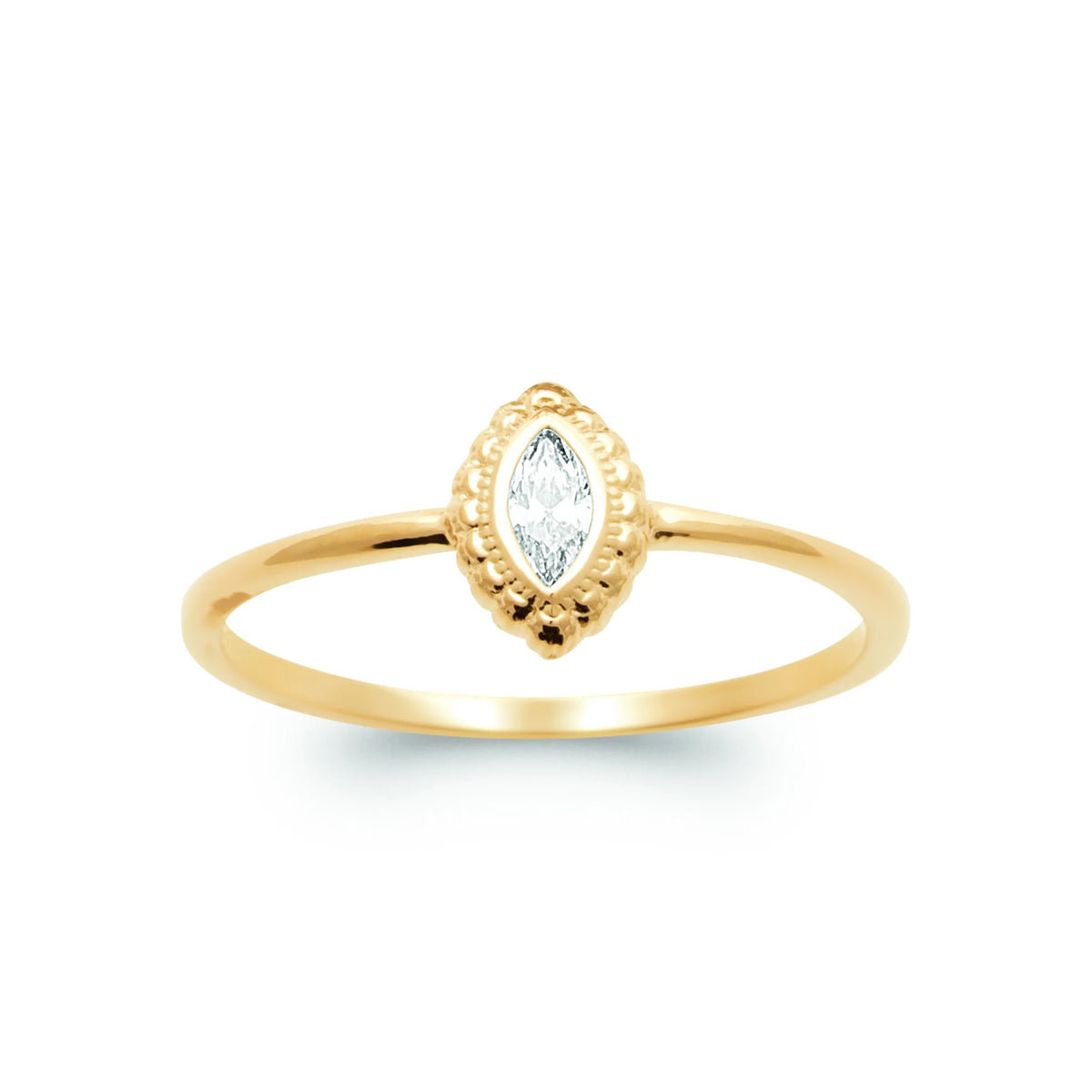 Bague fine solitaire zircon navette cadre perlé plaqué or, vue de face