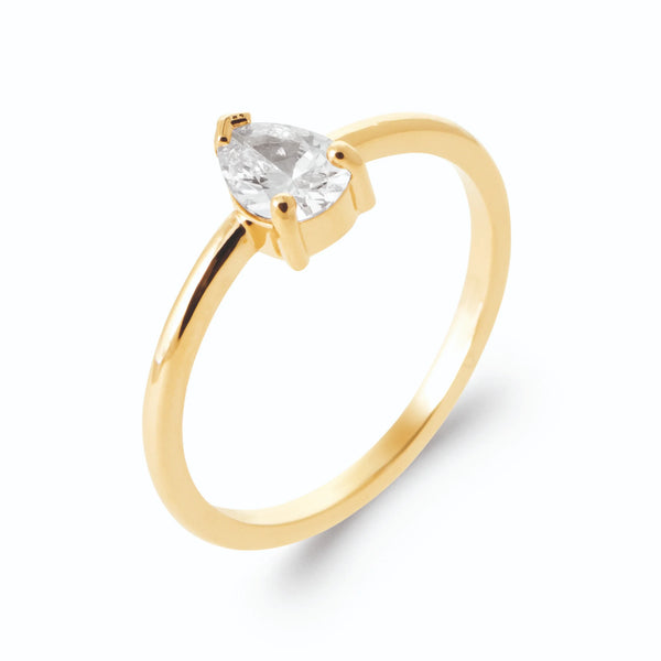 Bague fine solitaire zircon taille poire en plaqué or