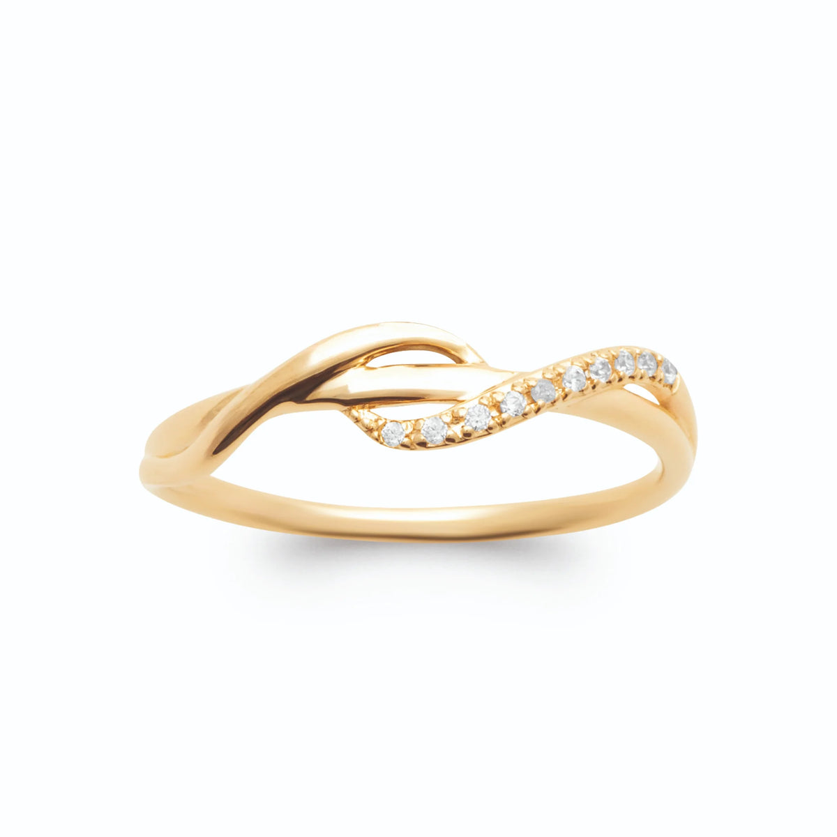 Bague fine torsade et brin serti de petits zircons plaqué or, vue de face