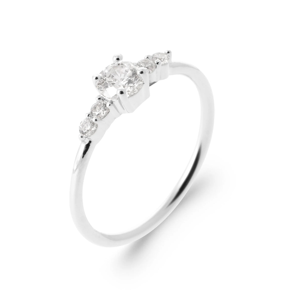 Bague fine trilogie de zircons en argent 925, vue de face