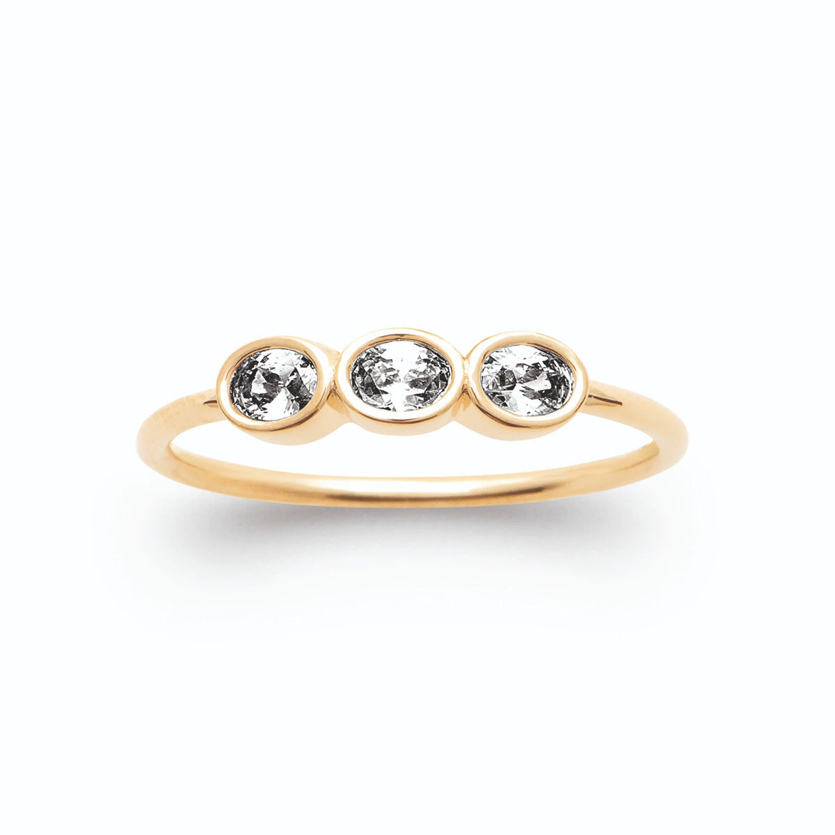 Bague fine trilogie de zircons ovales en plaqué or
