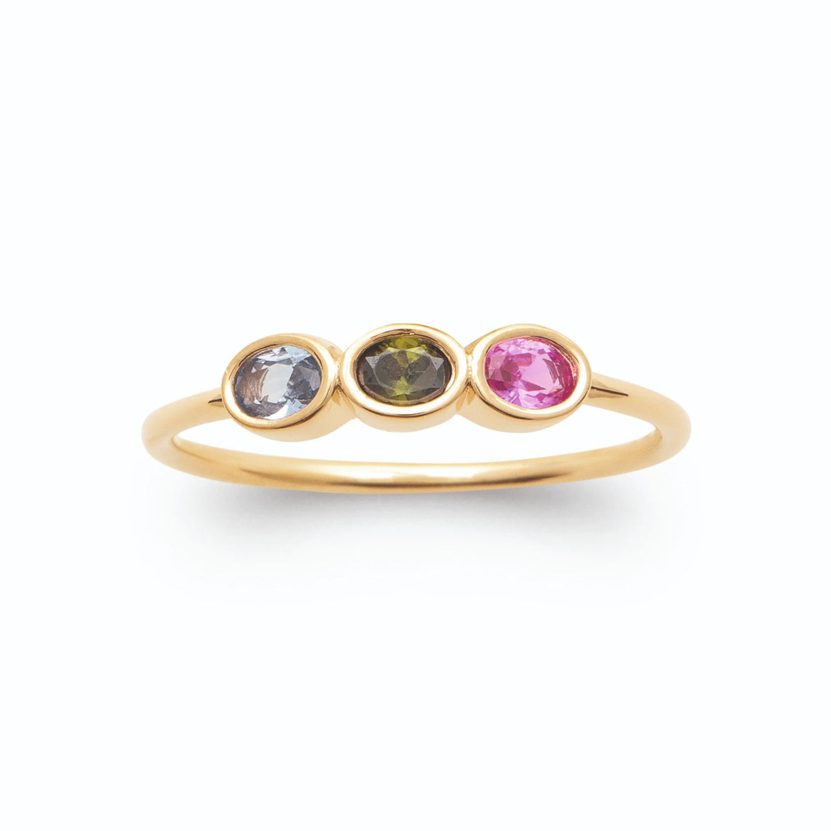 Bague fine trio de pierres ovales lavande, kaki et fuchsia en plaqué or