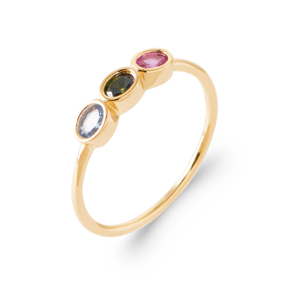 Bague fine trio de pierres ovales lavande, kaki et fuchsia en plaqué or