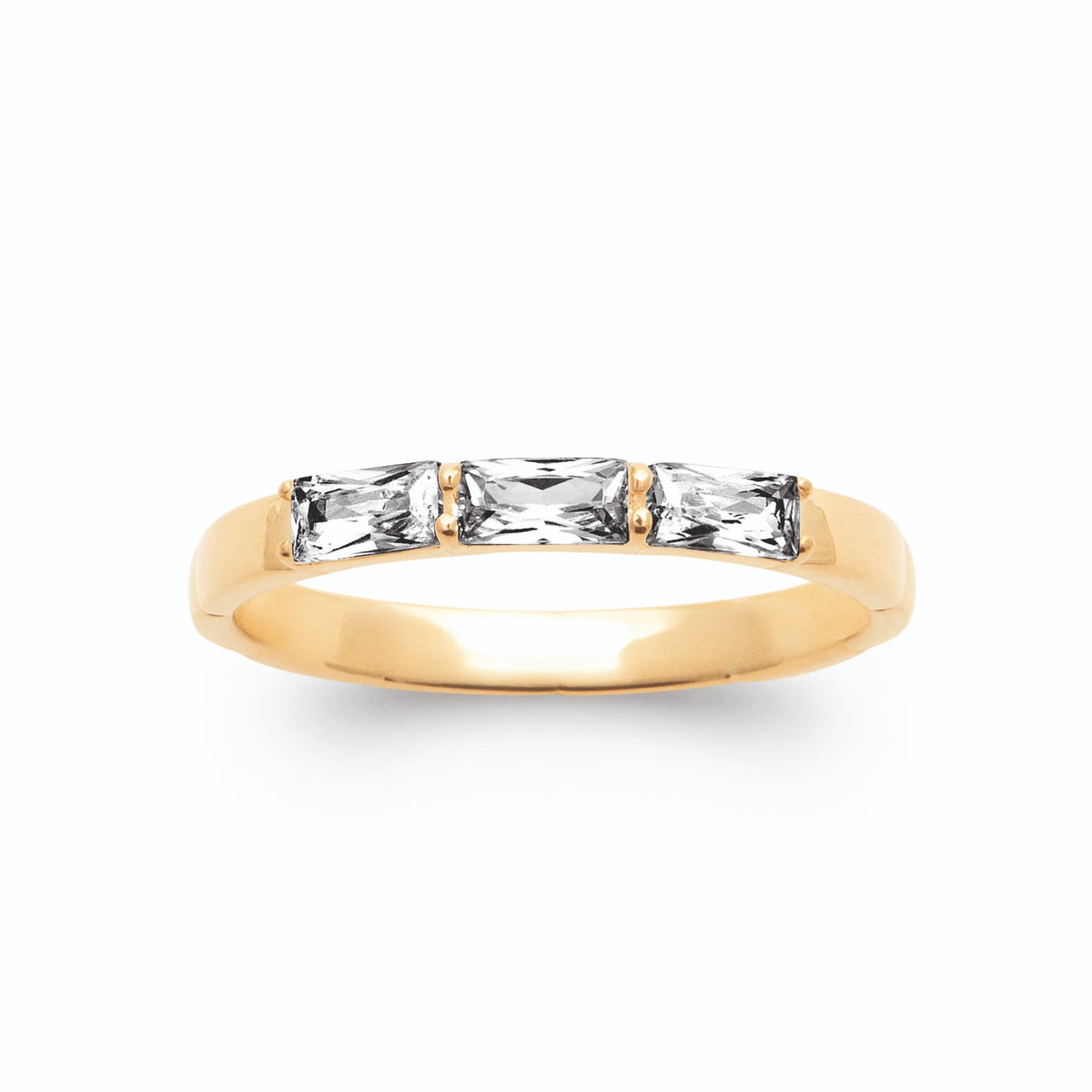 Bague fine trois zircons baguettes alignés en plaqué or