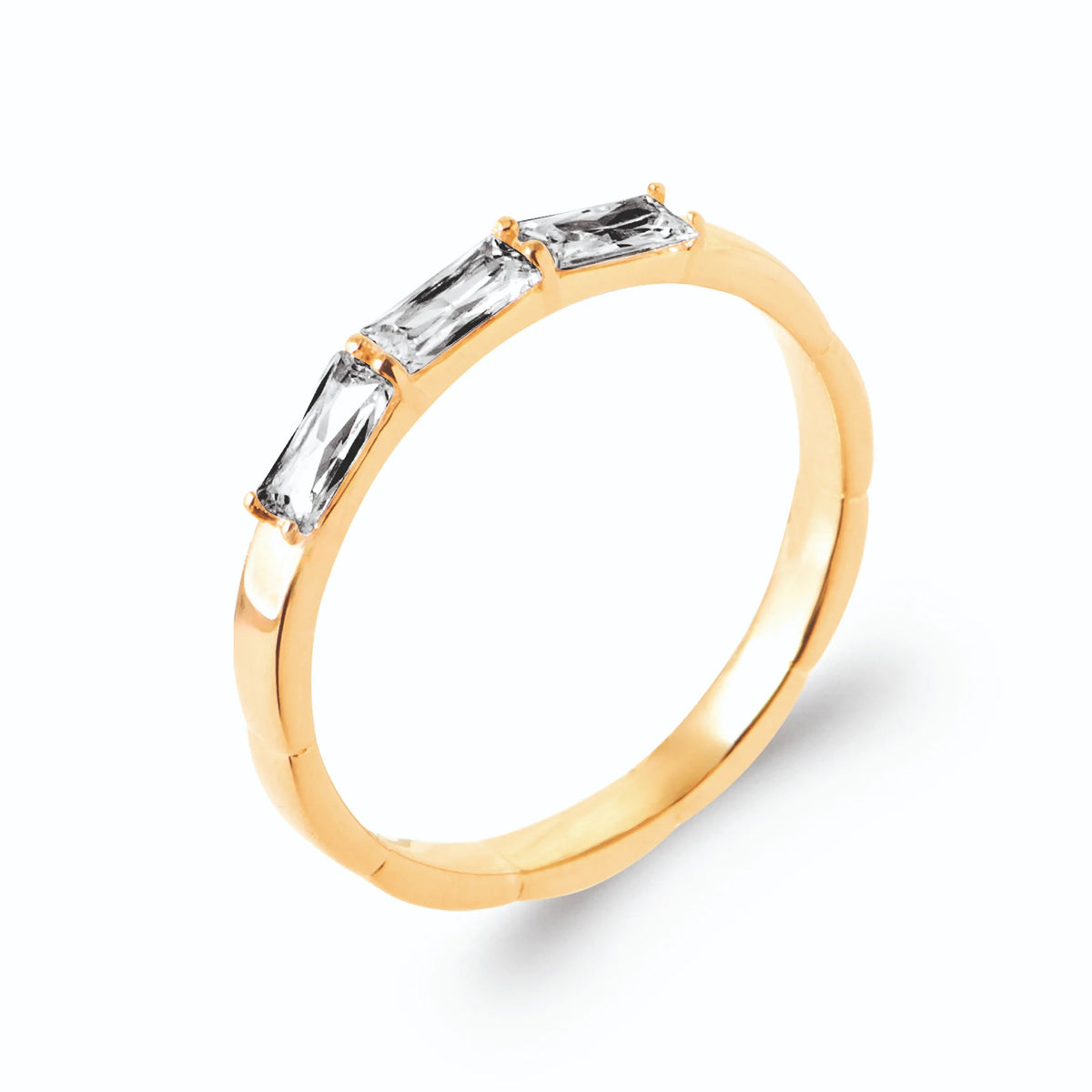 Bague fine trois zircons baguettes alignés en plaqué or