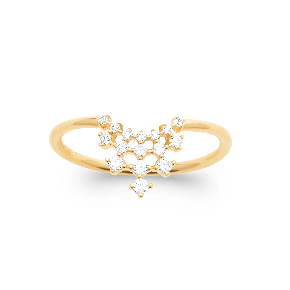 Bague fine en V cœur pavé de zircons plaqué or, vue de face