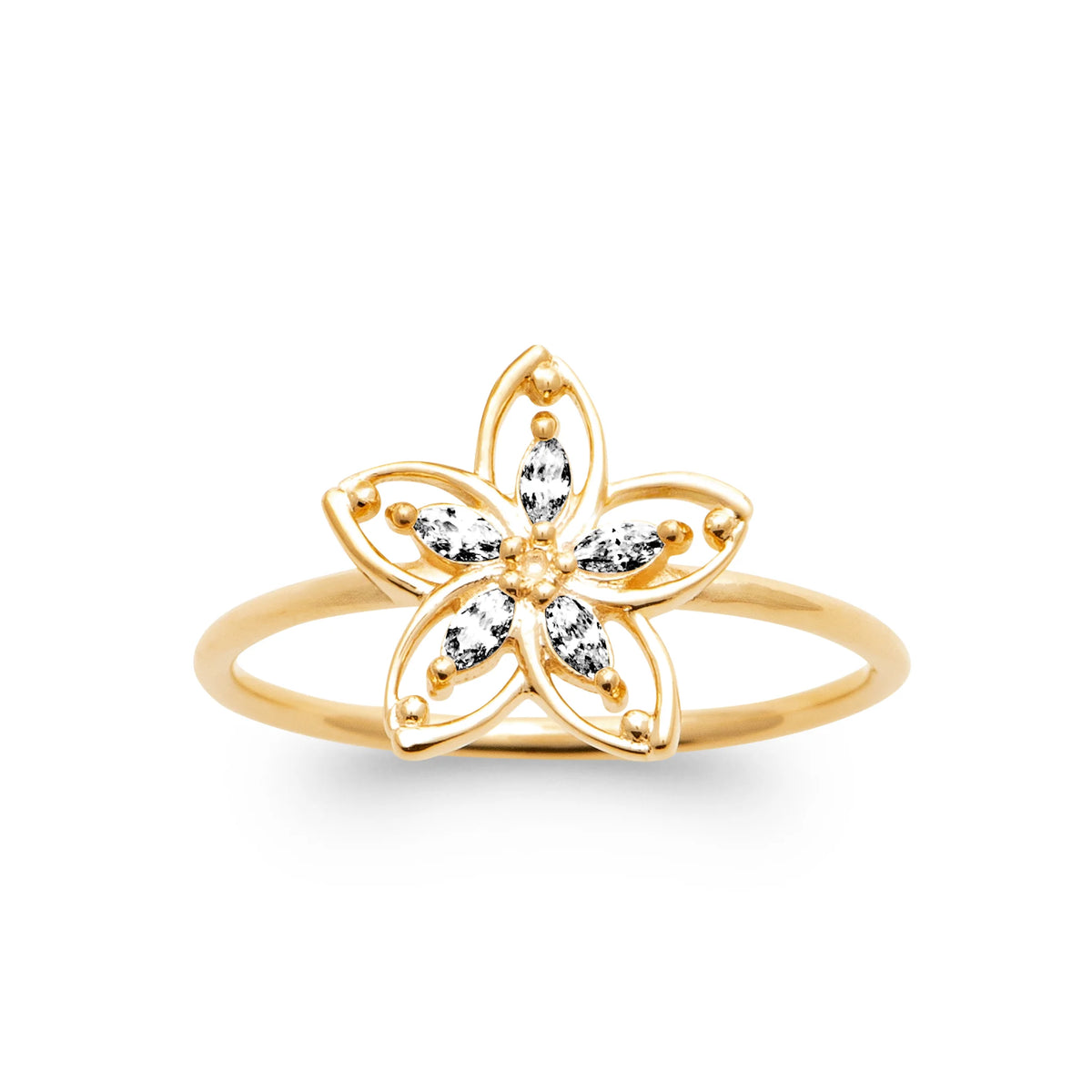 Bague fleur ajourée cinq pétales de zircons navettes en plaqué or
