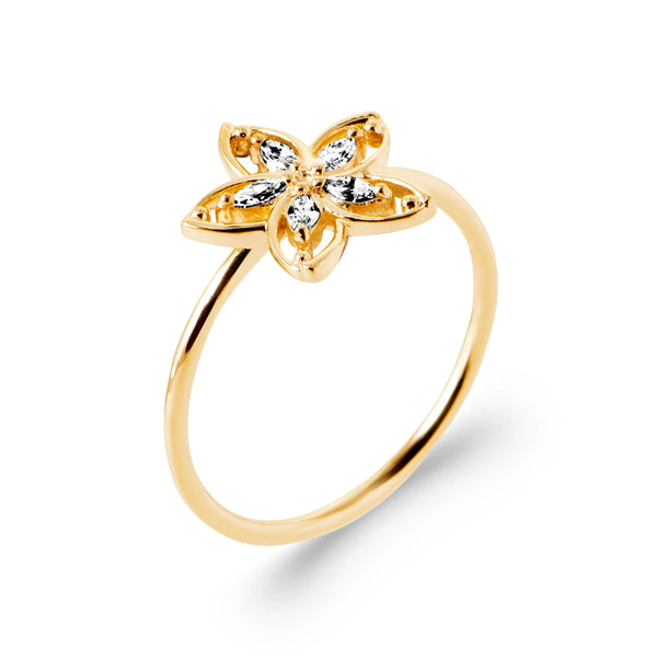 Bague fleur ajourée cinq pétales de zircons navettes en plaqué or