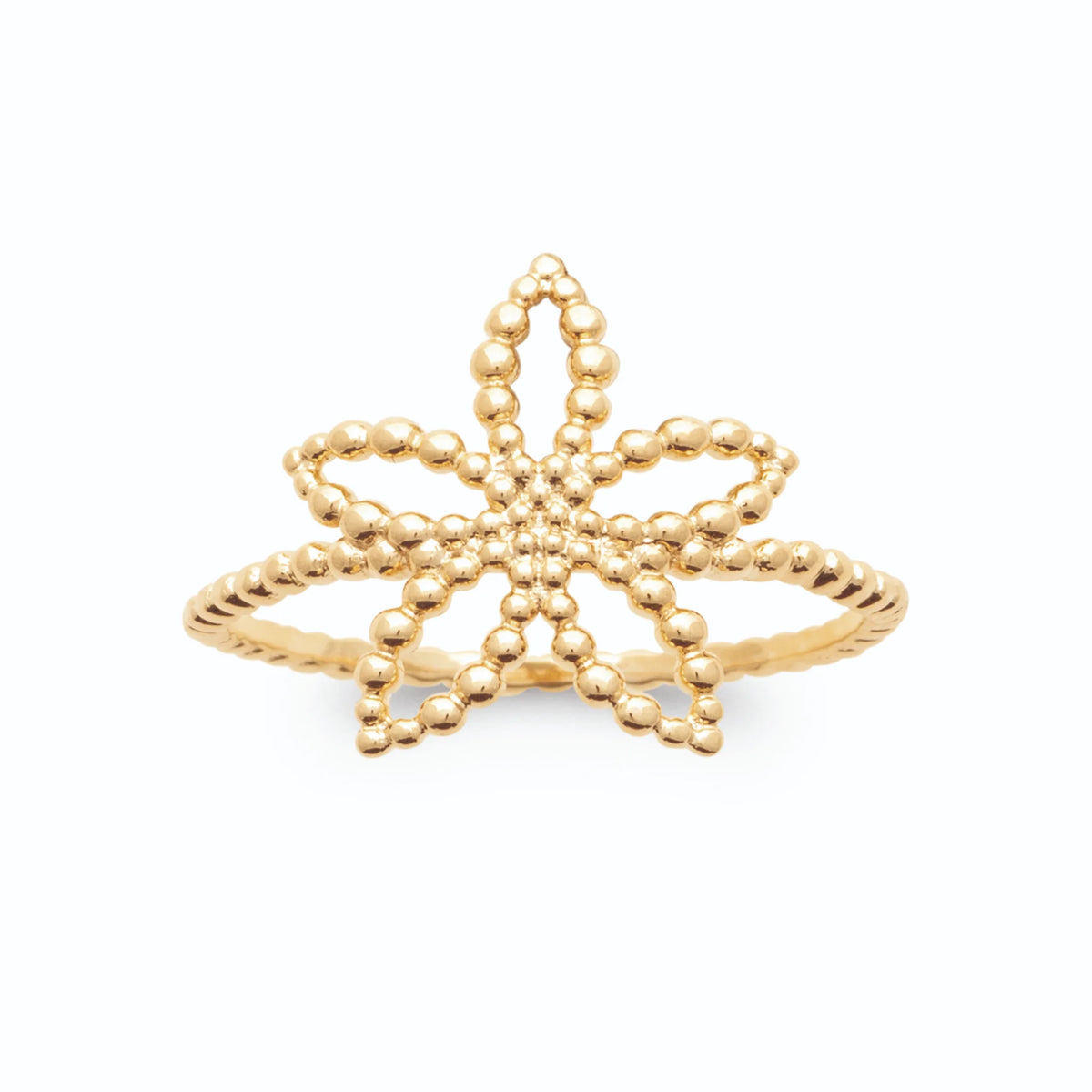 Bague fleur cinq pétales ajourés en fil d’or perlé en plaqué or