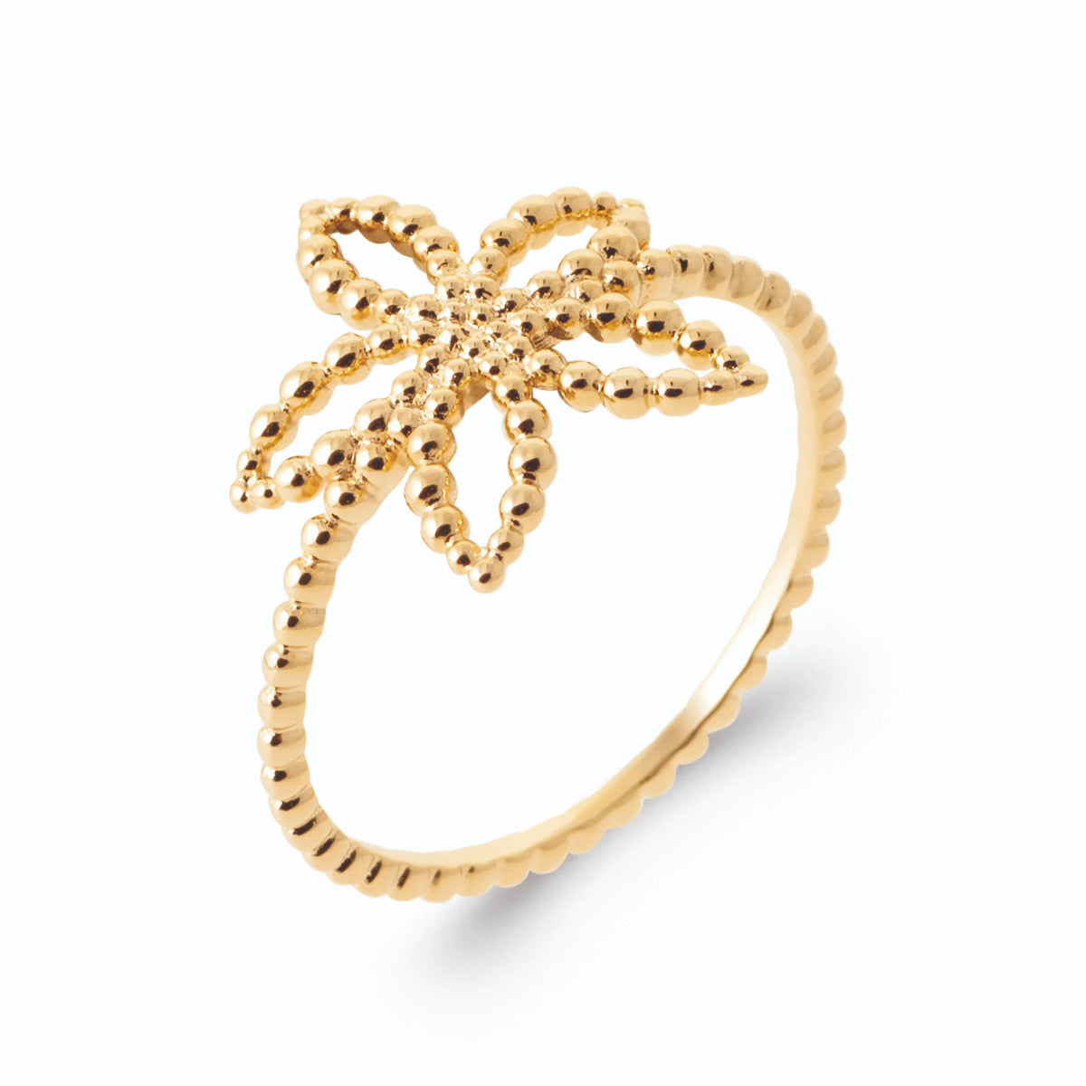Bague fleur cinq pétales ajourés en fil d’or perlé en plaqué or