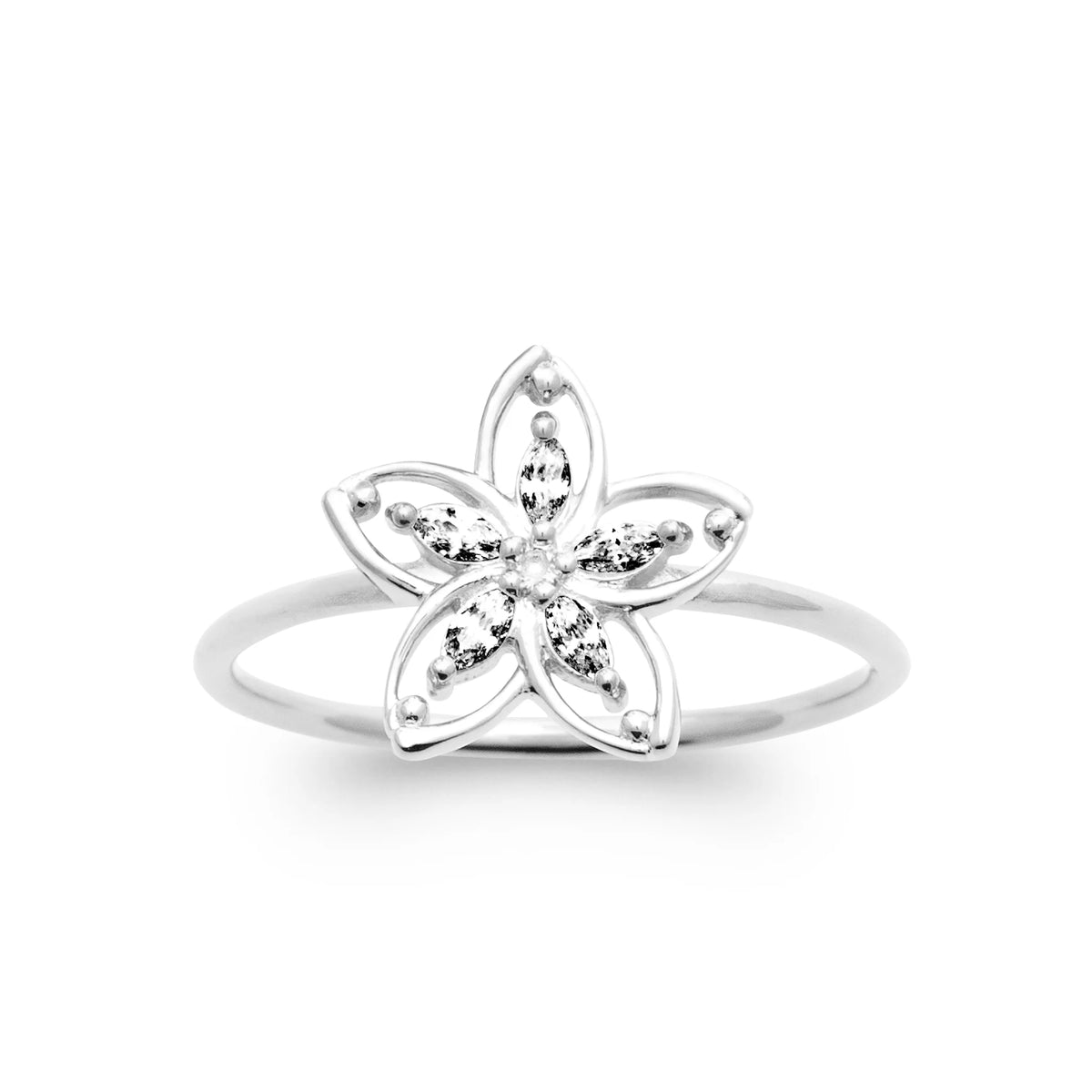 Bague fleur cinq pétales ajourés et zircon central en argent 925