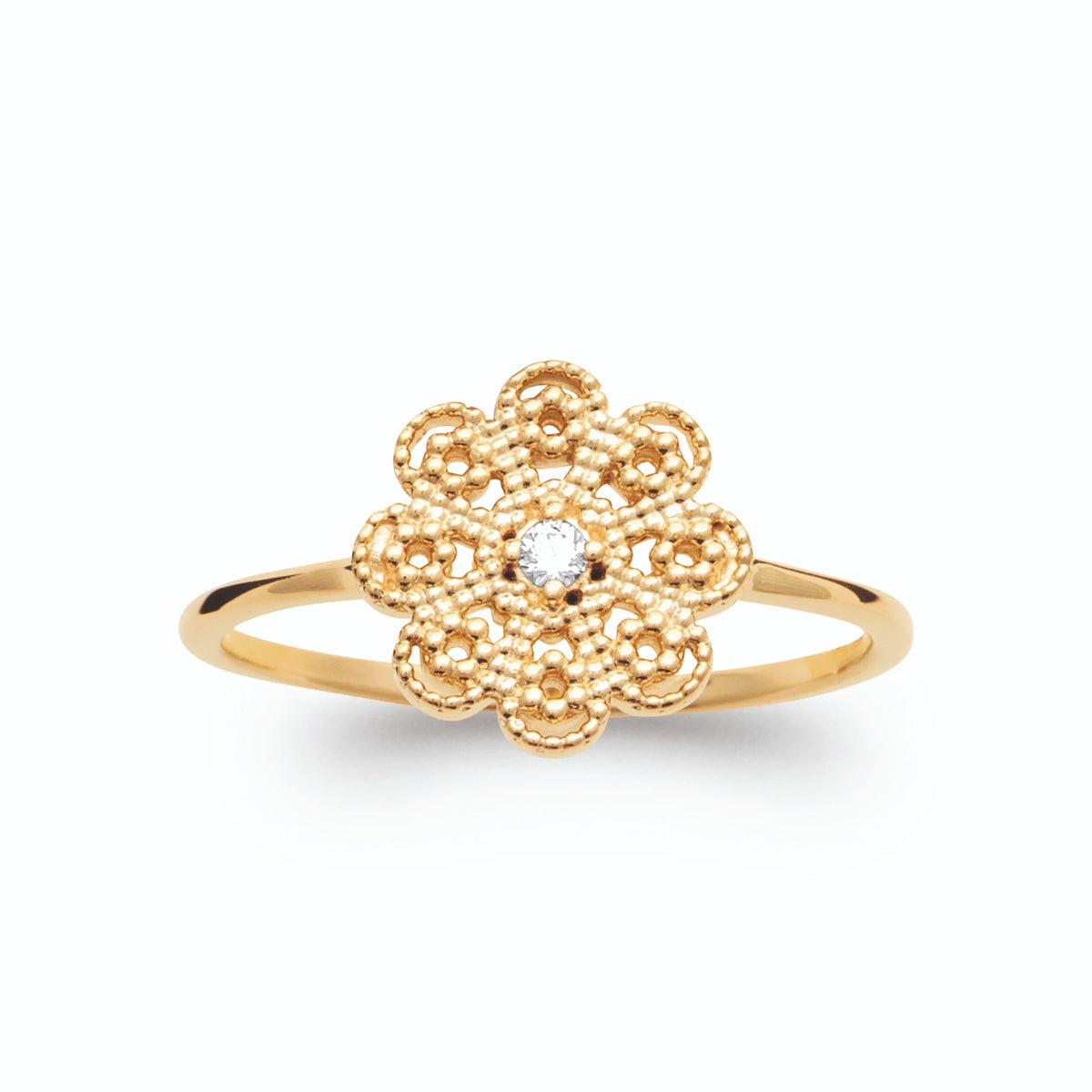 Bague fleur en dentelle d’or perlée zircon central plaqué or, vue de face