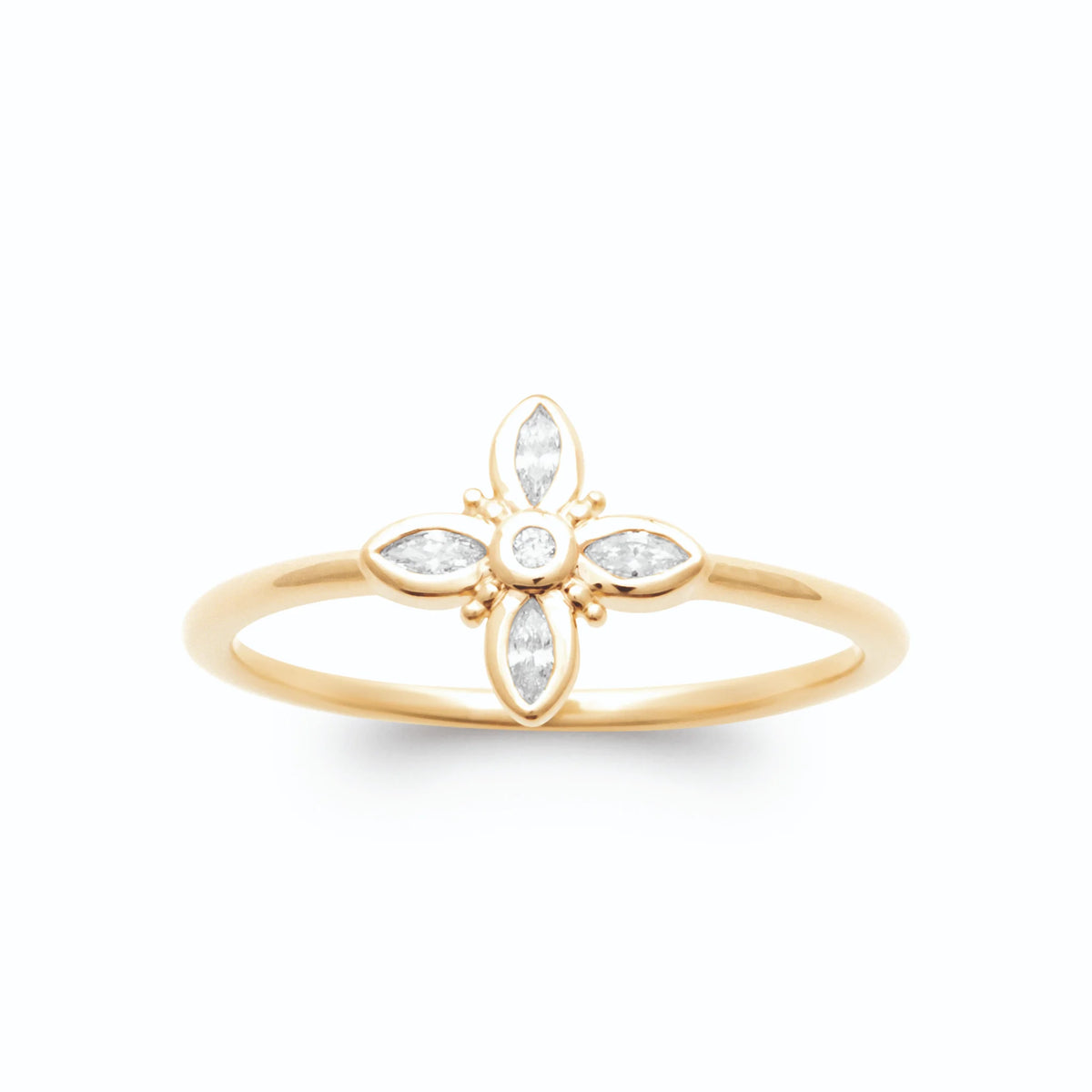 Bague fleur étoilée de quatre zircons navettes en plaqué or