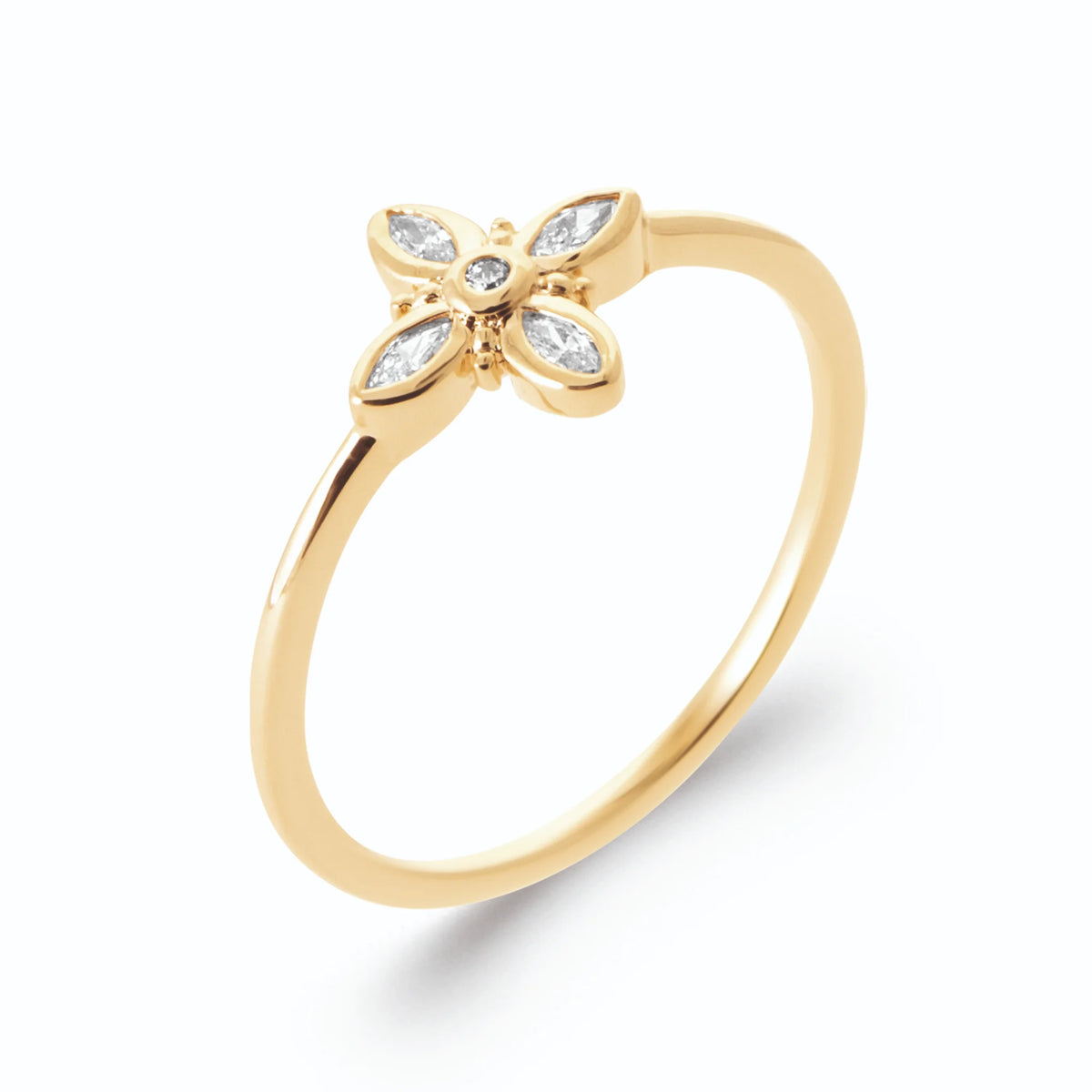 Bague fleur étoilée de quatre zircons navettes en plaqué or