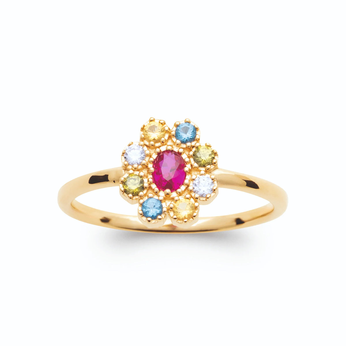 Bague fleur pierre ovale fuchsia et entourage multicolore plaqué or, vue de face