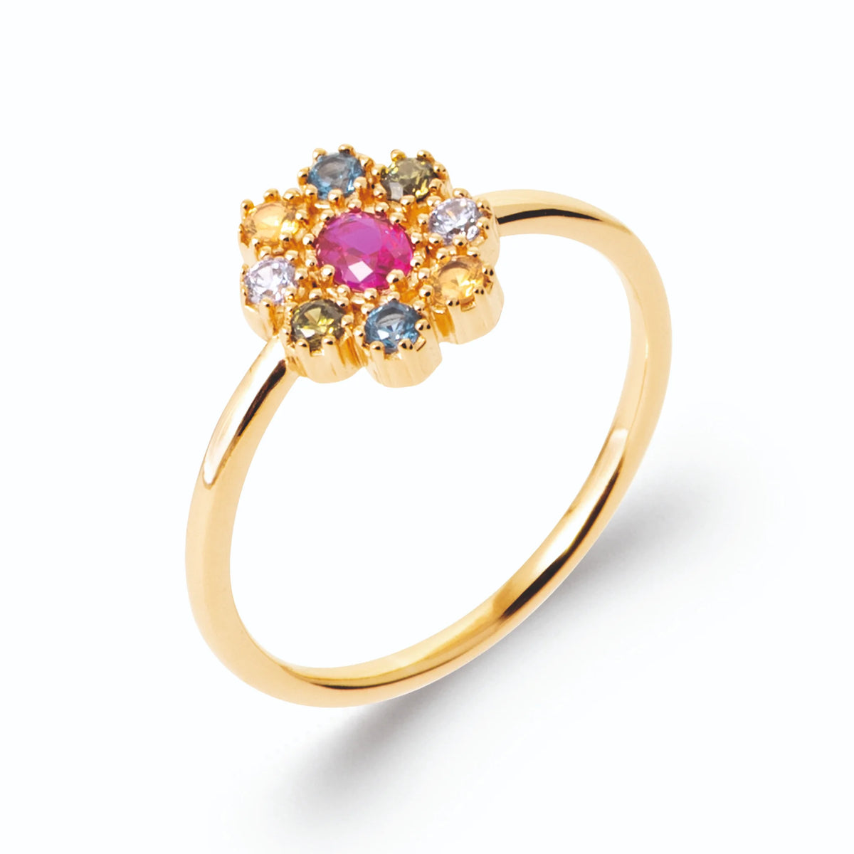 Bague fleur pierre ovale fuchsia et entourage multicolore en plaqué or, vue de trois quarts