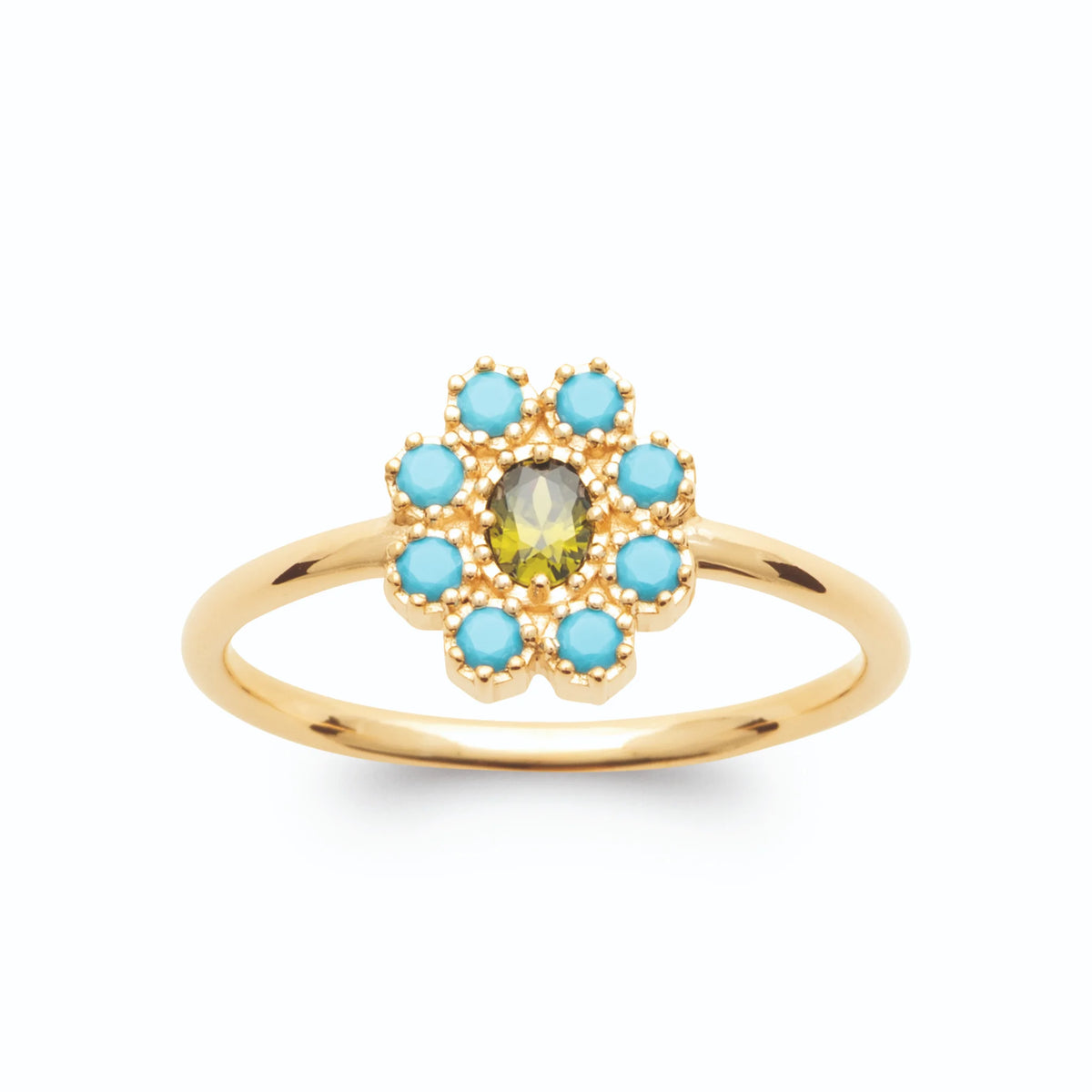 Bague fleur pierre vert olive et pétales turquoise plaqué or, vue de face
