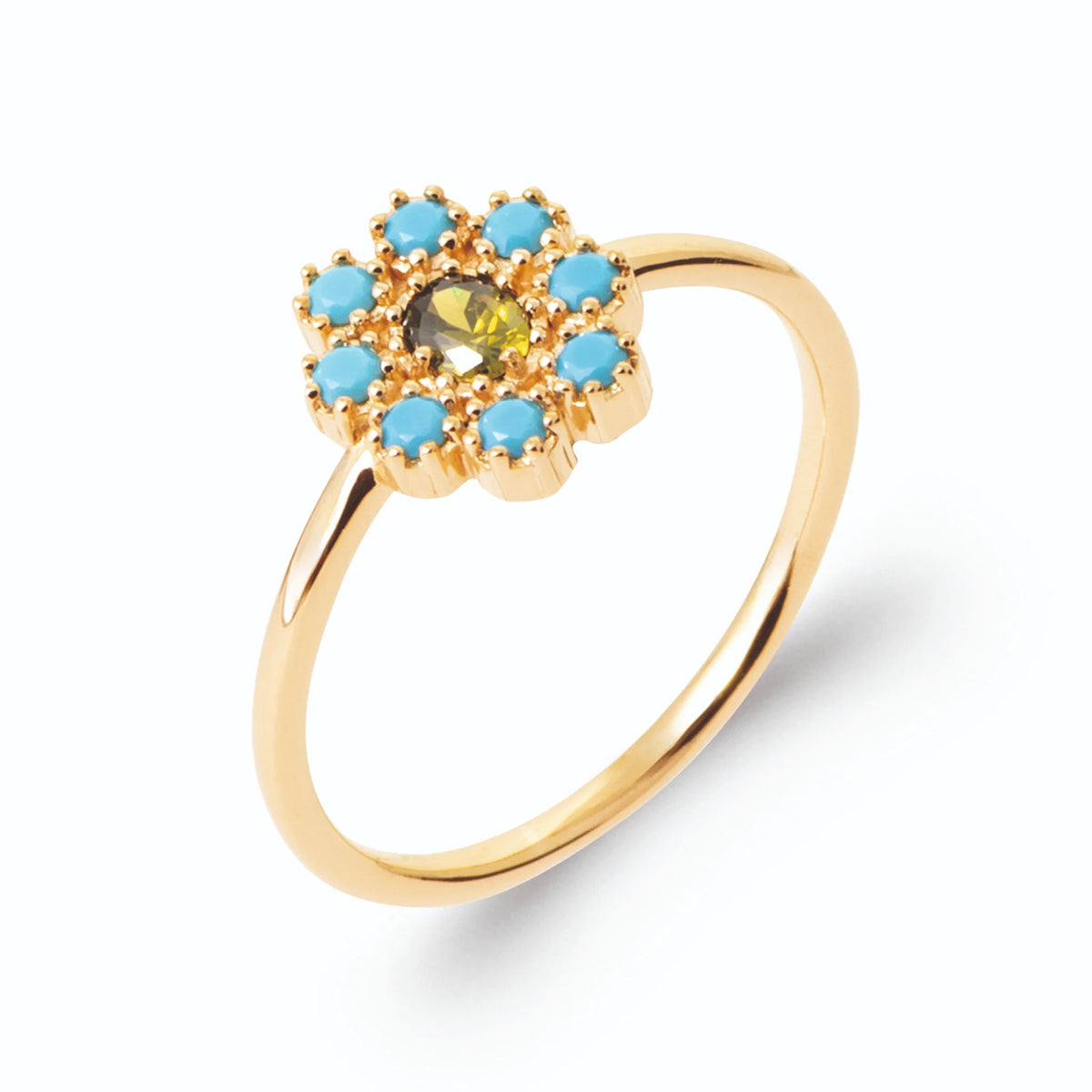 Bague fleur pierre vert olive et pétales turquoise en plaqué or, vue de trois quarts