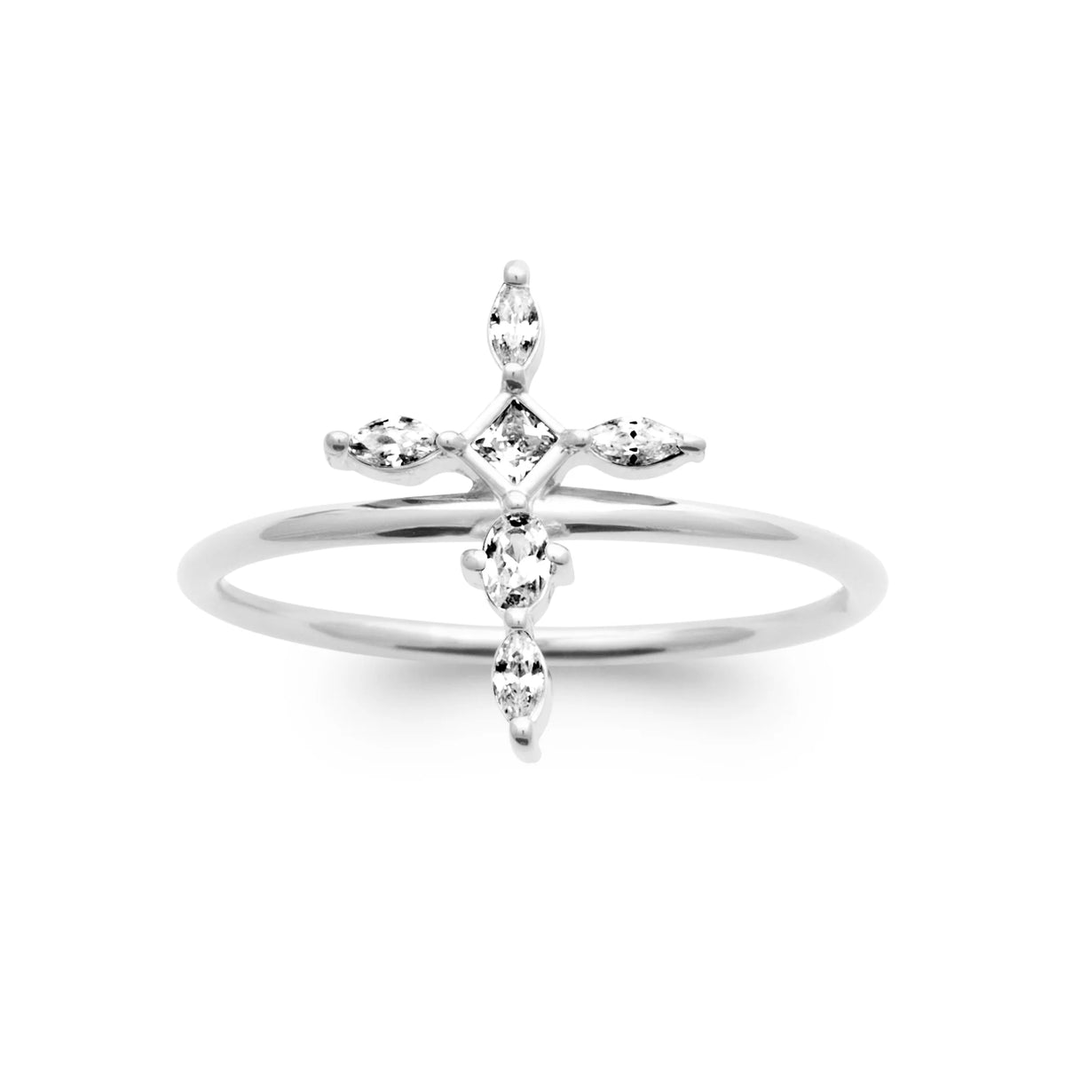 Bague fleur quatre pétales de navettes en argent 925, vue de face