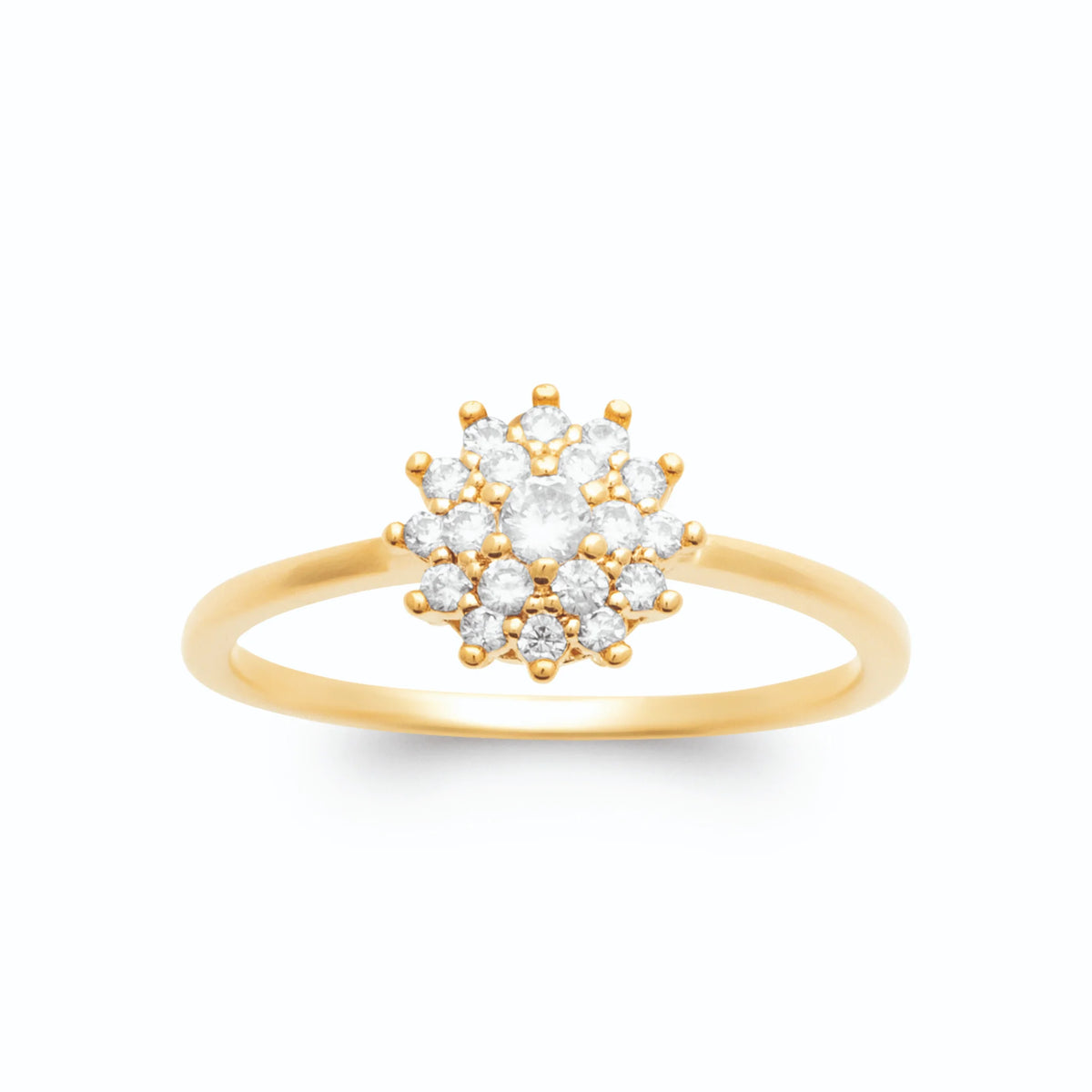 Bague fleur ronde de zircons en serti griffes plaqué or, vue de face
