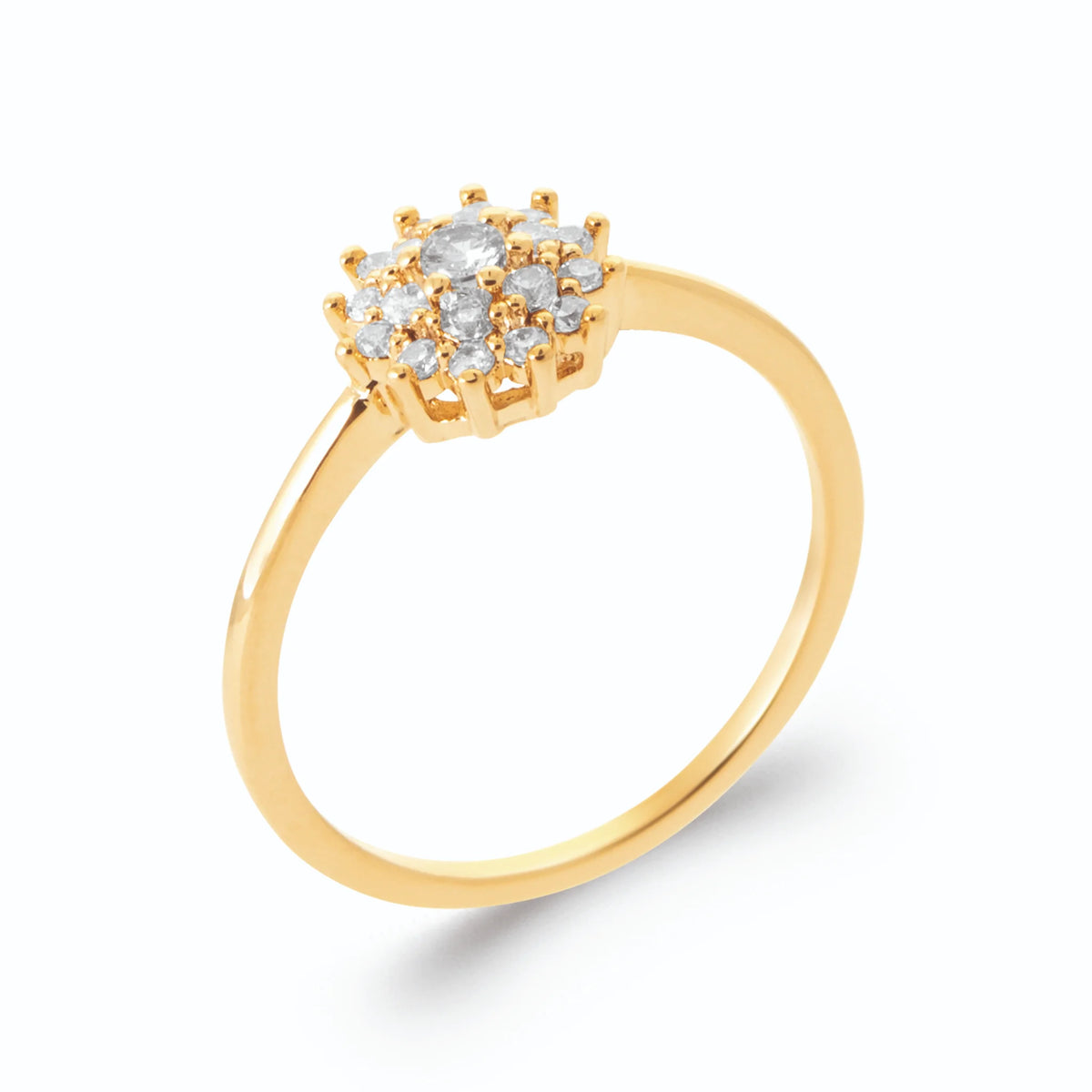 Bague fleur ronde de zircons en serti griffes en plaqué or, vue de trois quarts