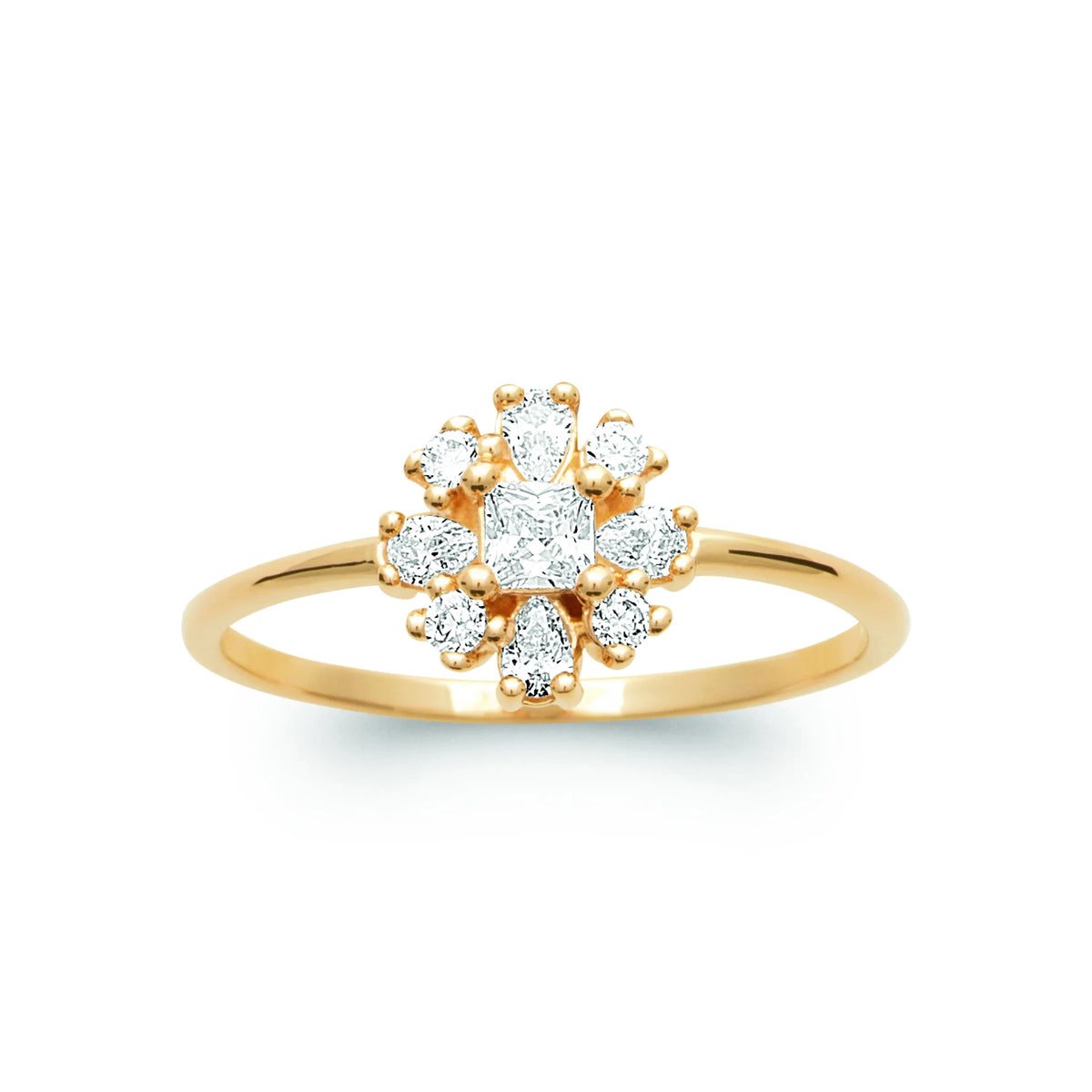 Bague fleur de zircons poire, navettes et ronds plaqué or, vue de face