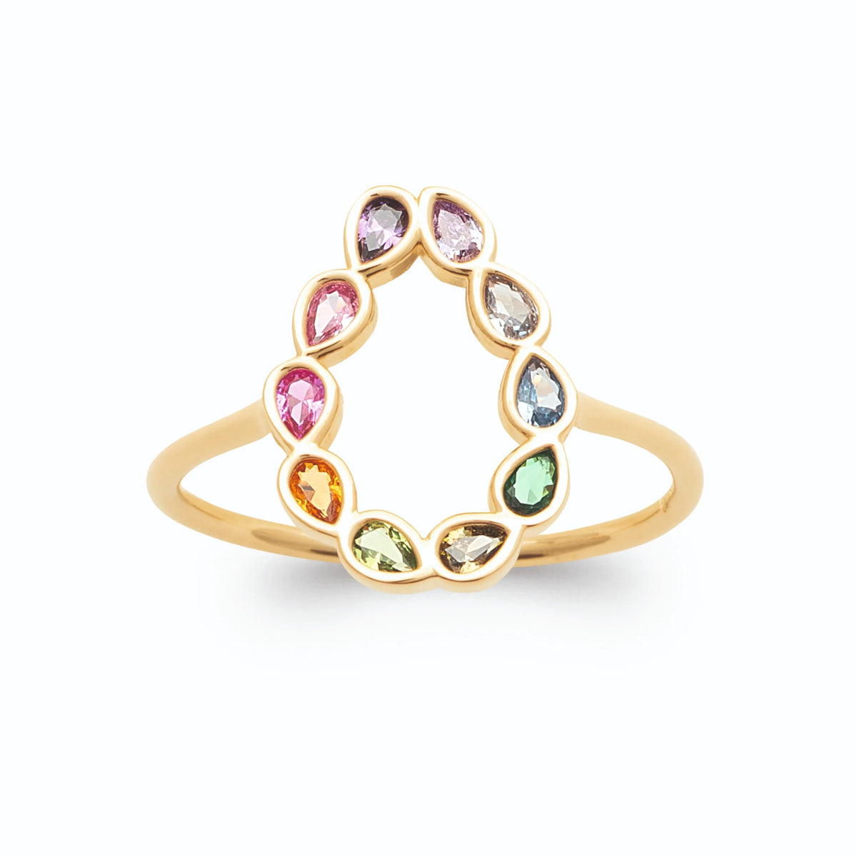 Bague goutte ajourée de pierres poires multicolores en plaqué or