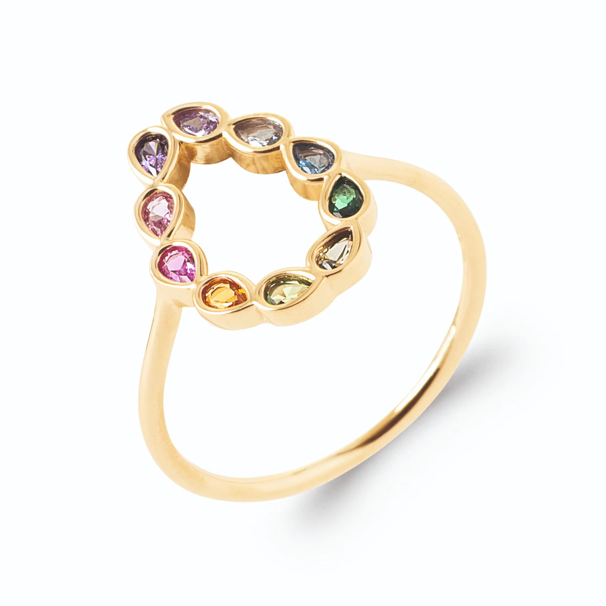 Bague goutte ajourée de pierres poires multicolores en plaqué or